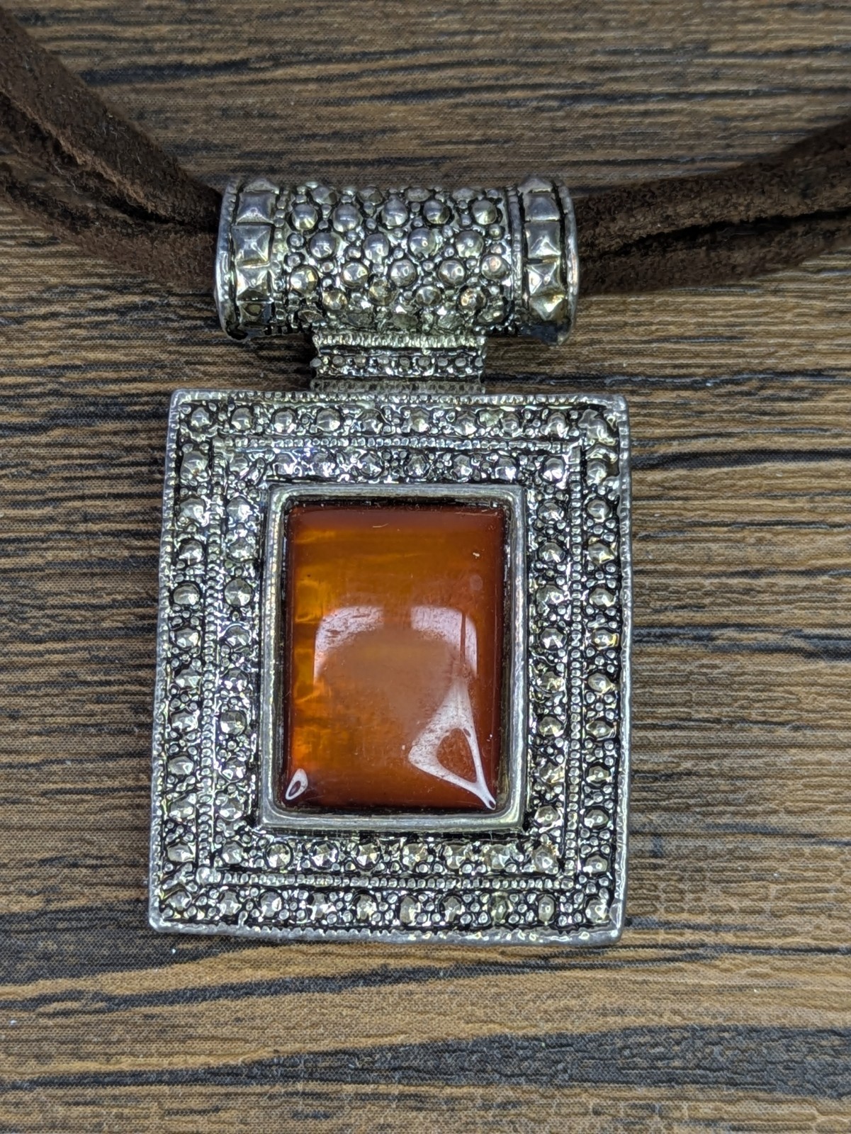 Vintage – 18″ Square Enamel Pendant Necklace, Triple Leather Stranded Chain