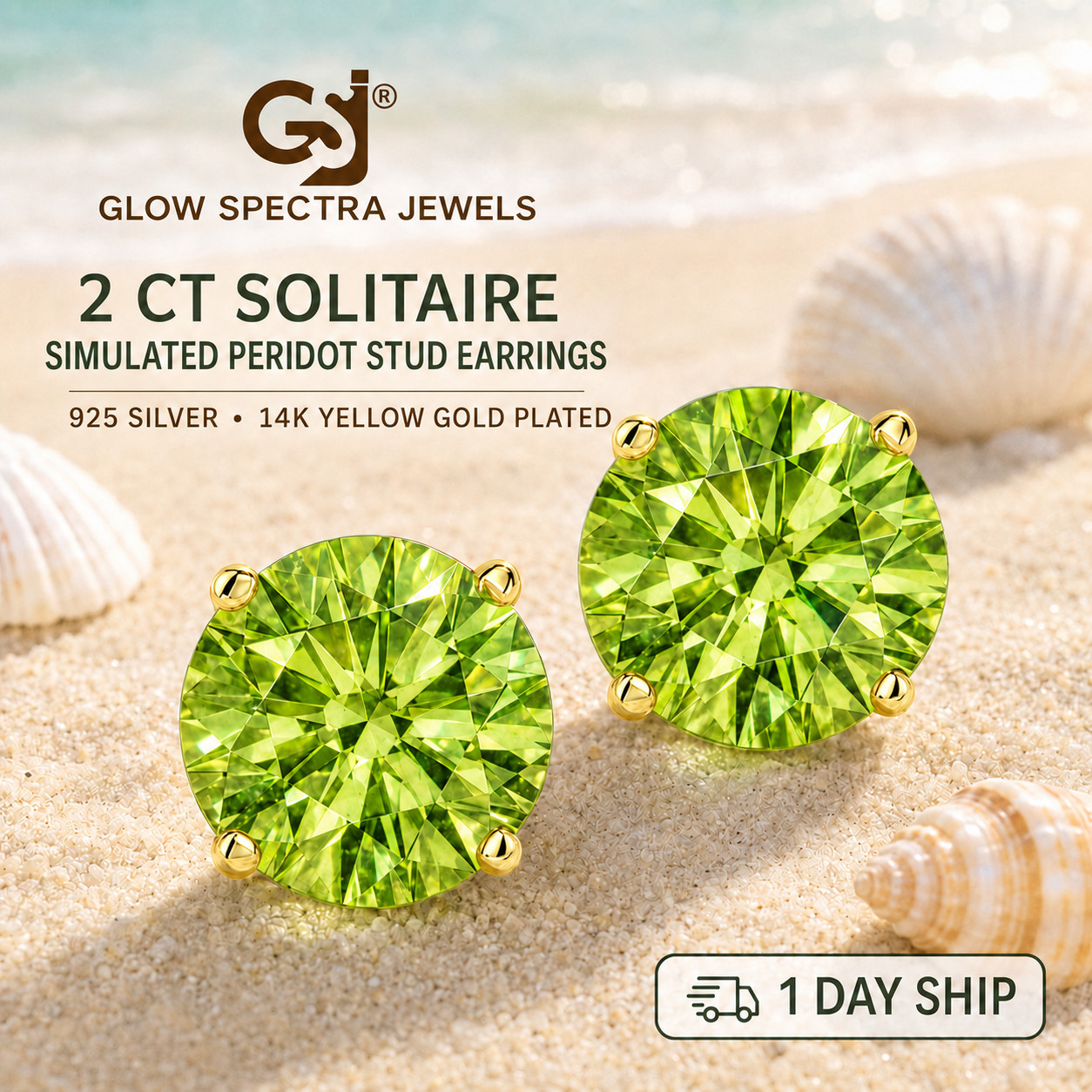 2.00CT Solitaire Green Peridot Stud Erring 925 Silver 14k Yellow Gold Plated