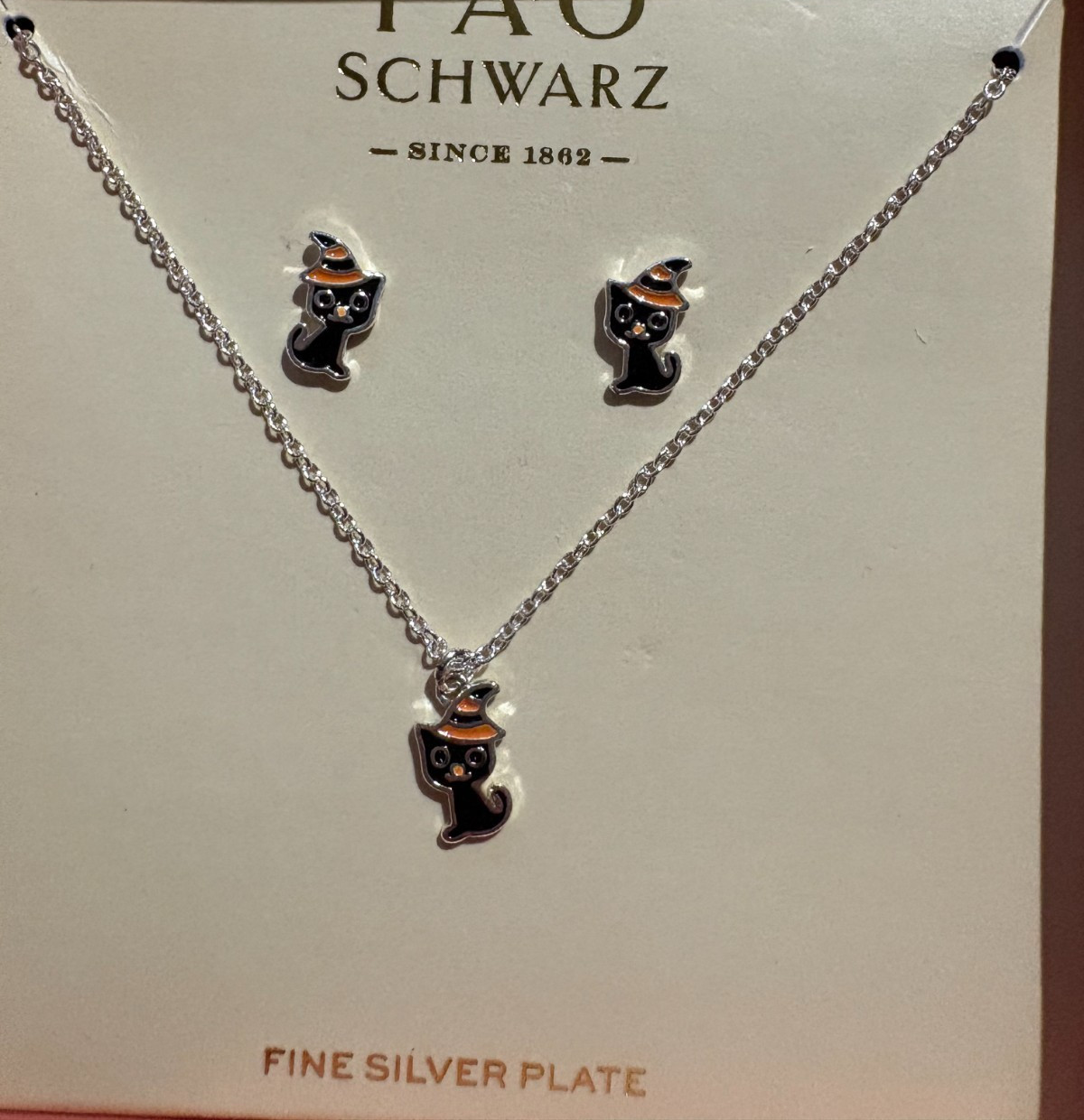 FAO Schwarz Matching Necklace Earring Set Halloween Jewelry Black Cat Witch Hat