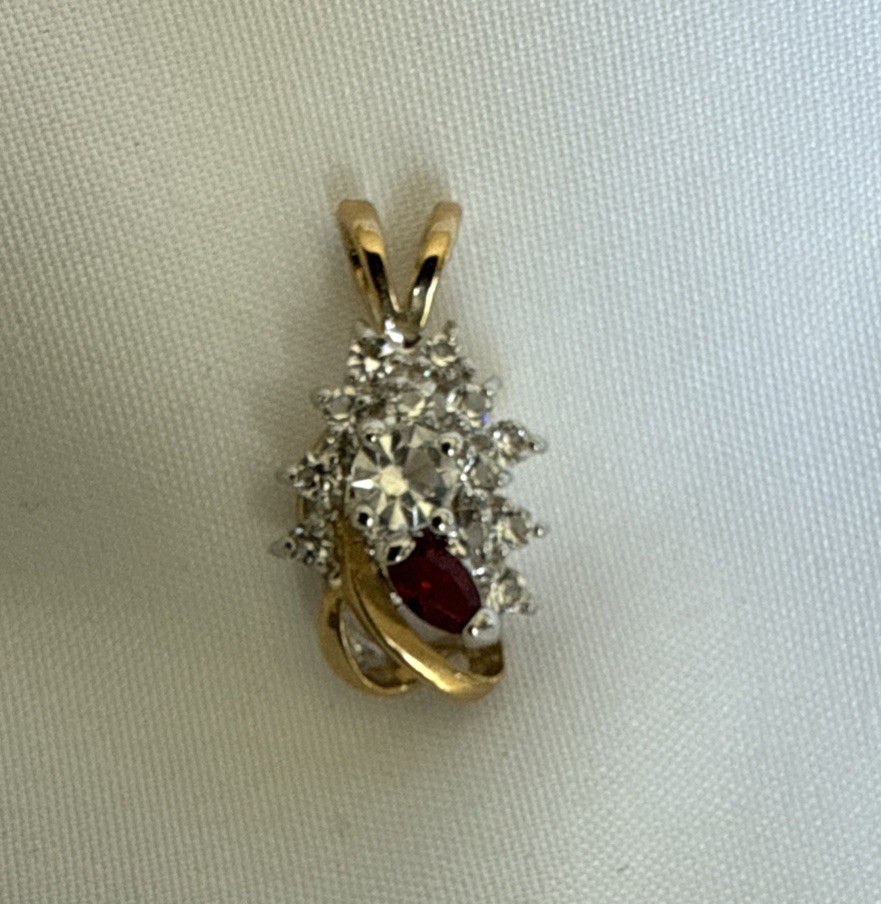 Gold Tone Rhinestone Pendant Red And White Stones 3/4 Inch