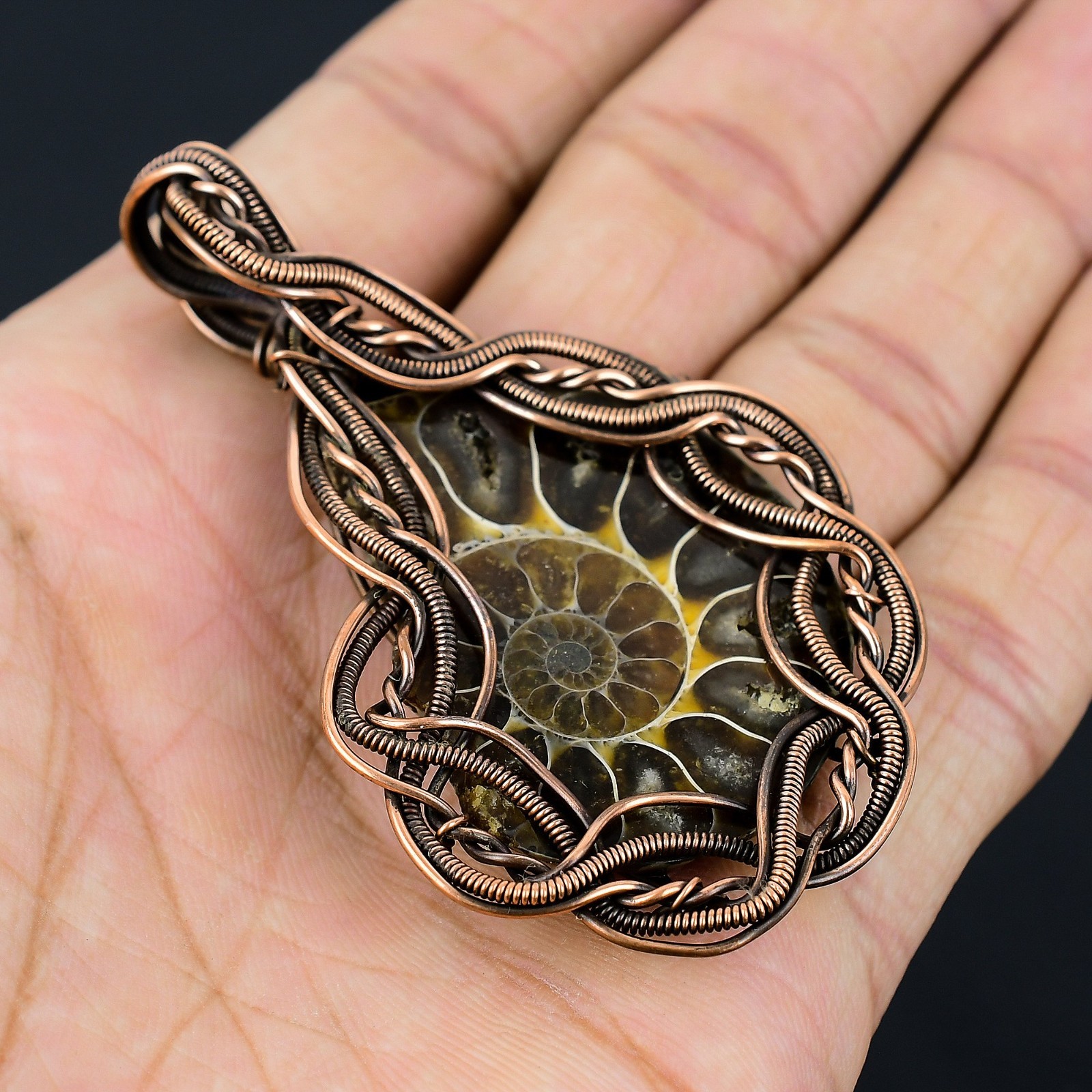 Ammonite Fossil Handmade Gemstones Copper Wire Wrapped Pendant Jewelry