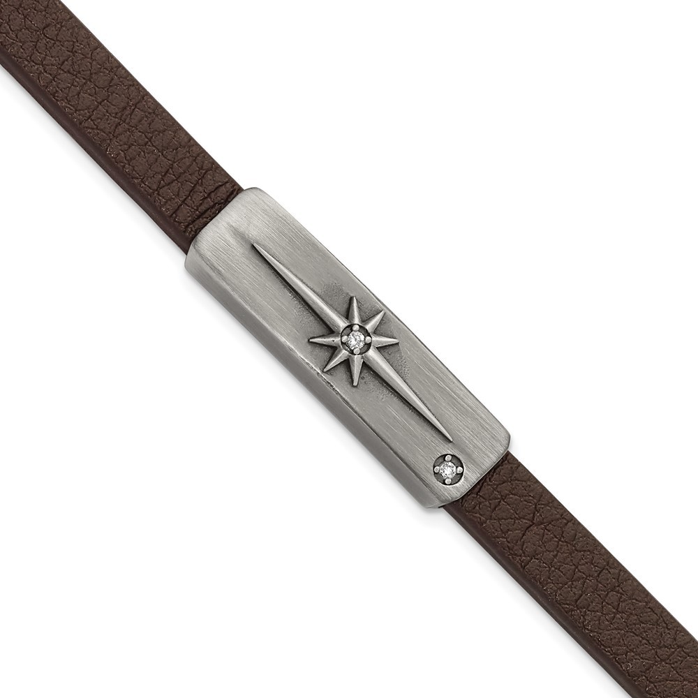 Stainless Steel Bronze-plated Cubic Zirconia Starburst Brown Leather Bracelet 8″