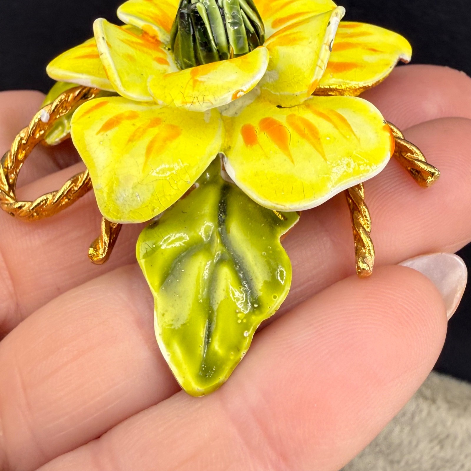 Vintage Enamel Flower Brooch Yellow Mod Pop Art