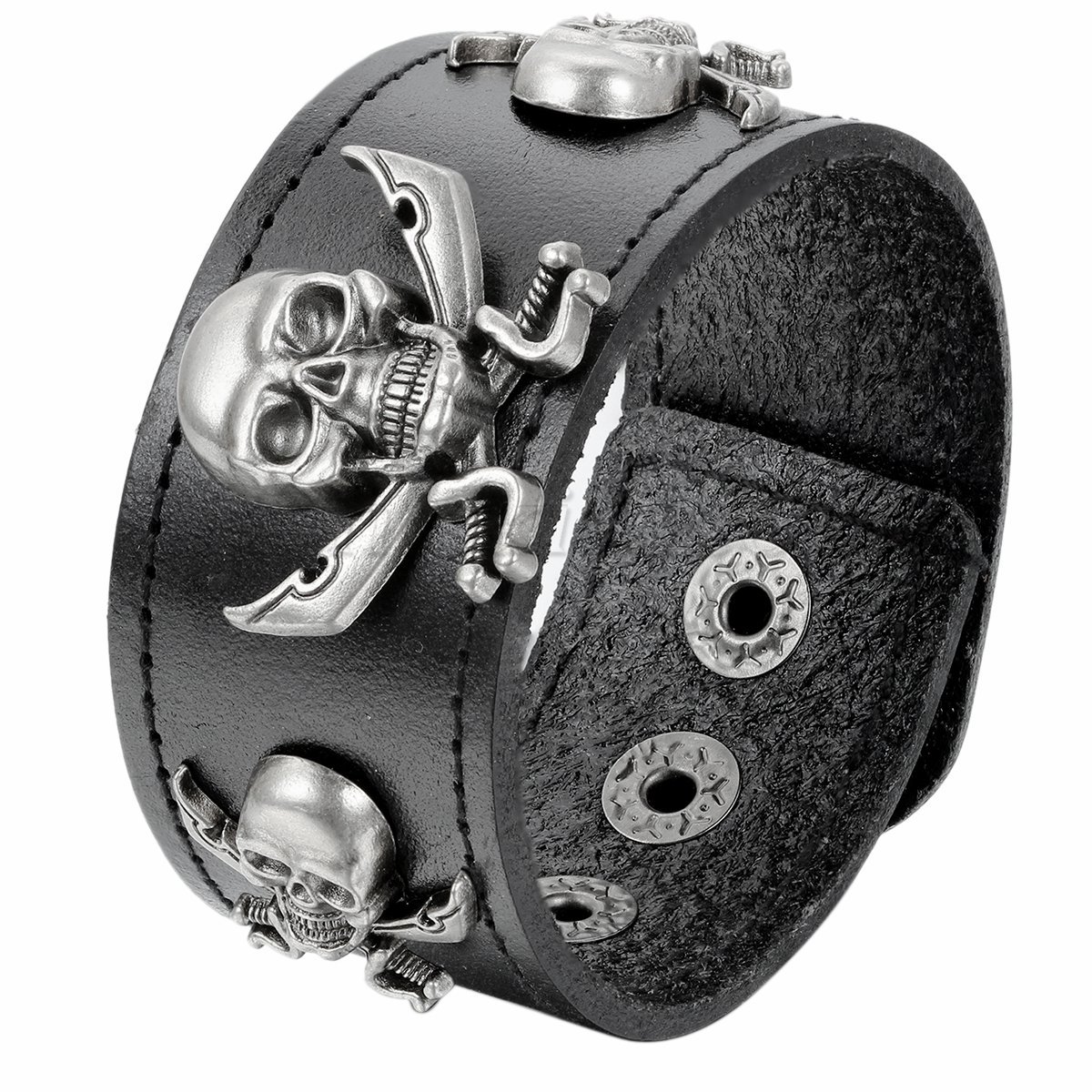 Men’s Vintage Gothic Wide Leather Pirate Skull Bracelet Bangle Cuff Adjustale