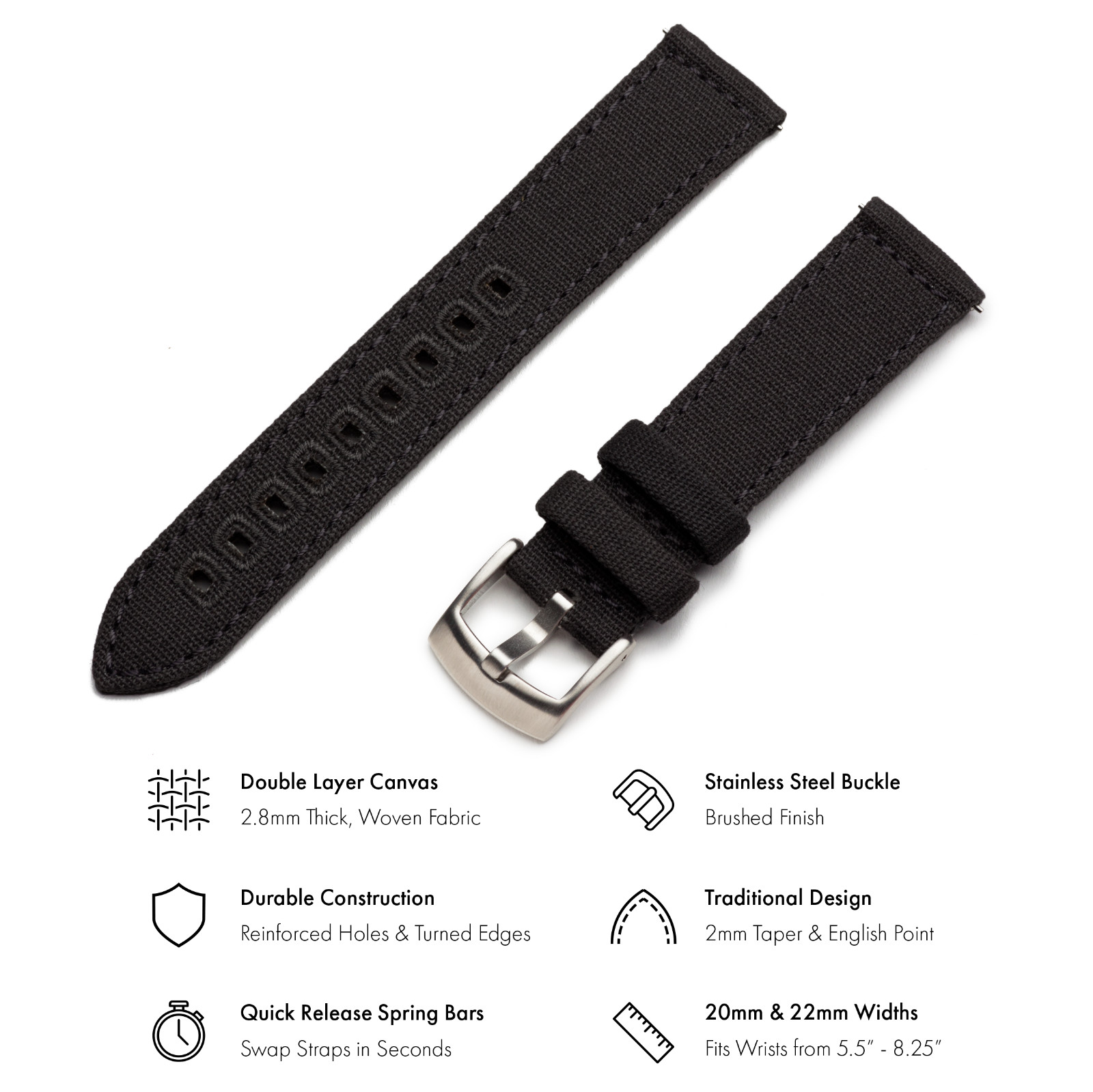 Benchmark Black Canvas Quick Release Watch Band – 20mm or 22mm