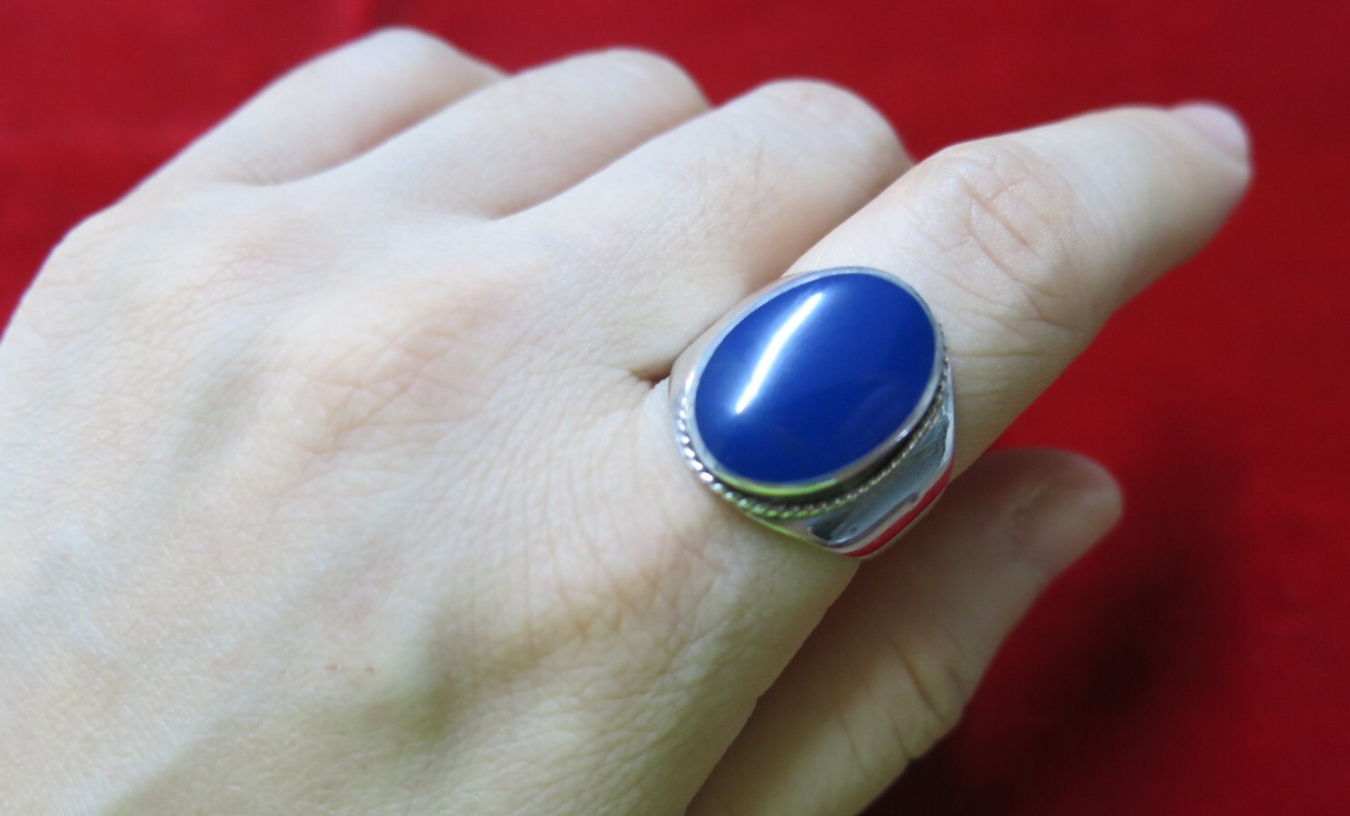 Egyptian 925 Sterling Silver Blue Agate Ring Unique Design Size 9.5