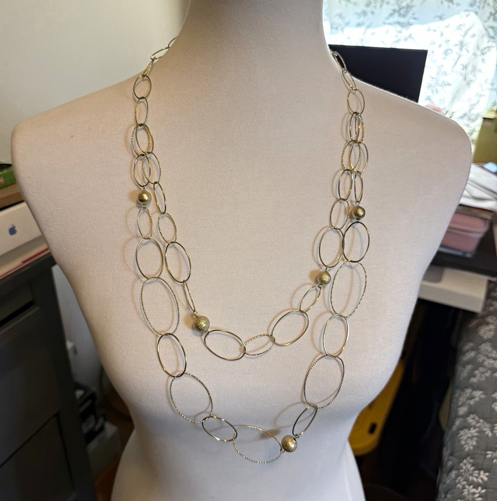 Gold Tone Metal Oval Link Layered Double-Strand Necklace w/ Bead Accents