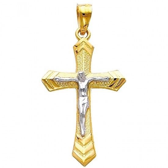 14K Yellow and White 2 Tone Gold Jesus Crucifix Cross Religious Charm Pendant