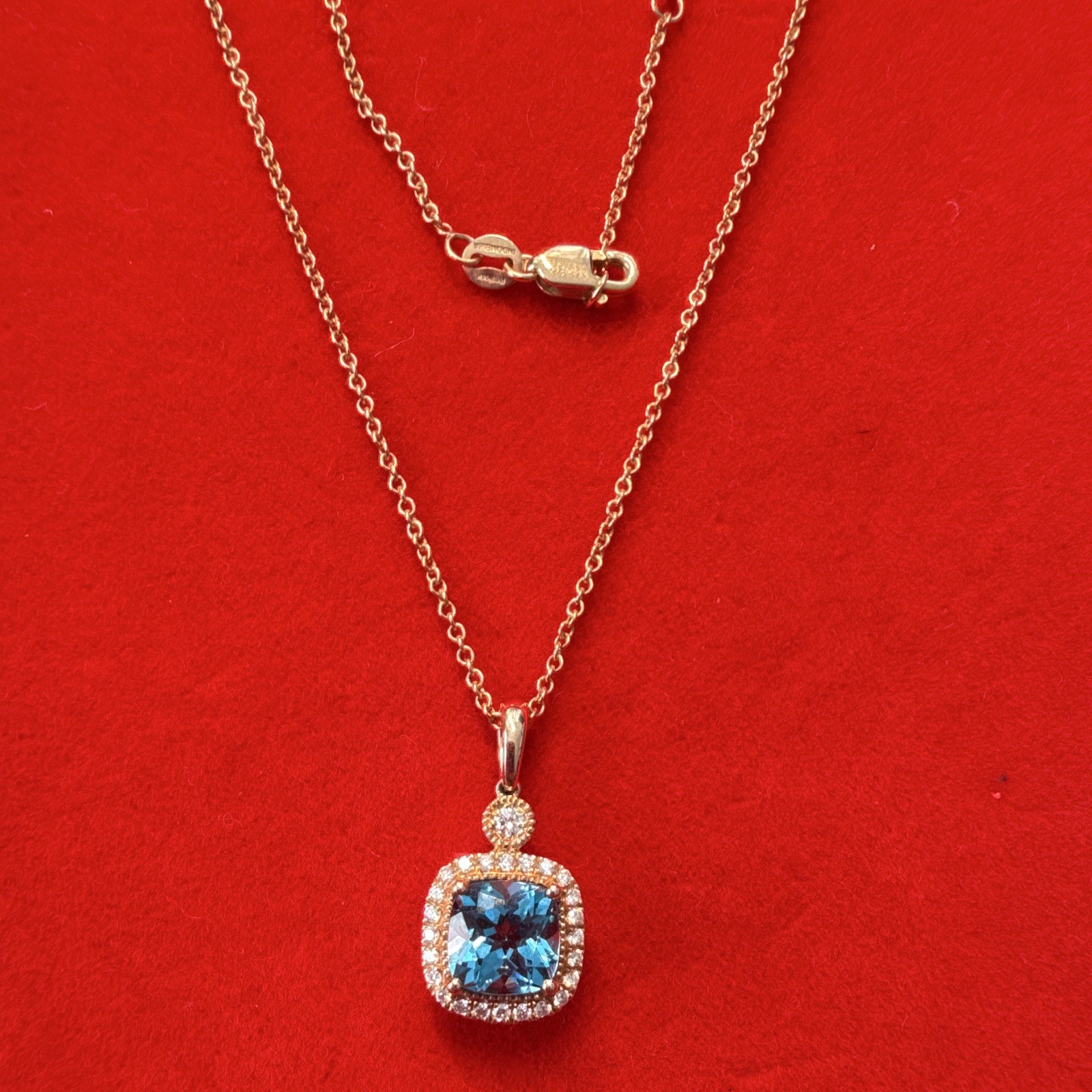 Blue Topaz, 24 Diamonds Gold 14K Cable Chain Necklace RCI ,Square Charm Pendant