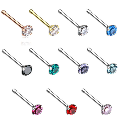 20g Prong Set CZ Nose Bone Stud Gold Silver Clear Black Blue Tanzanite Red Pink