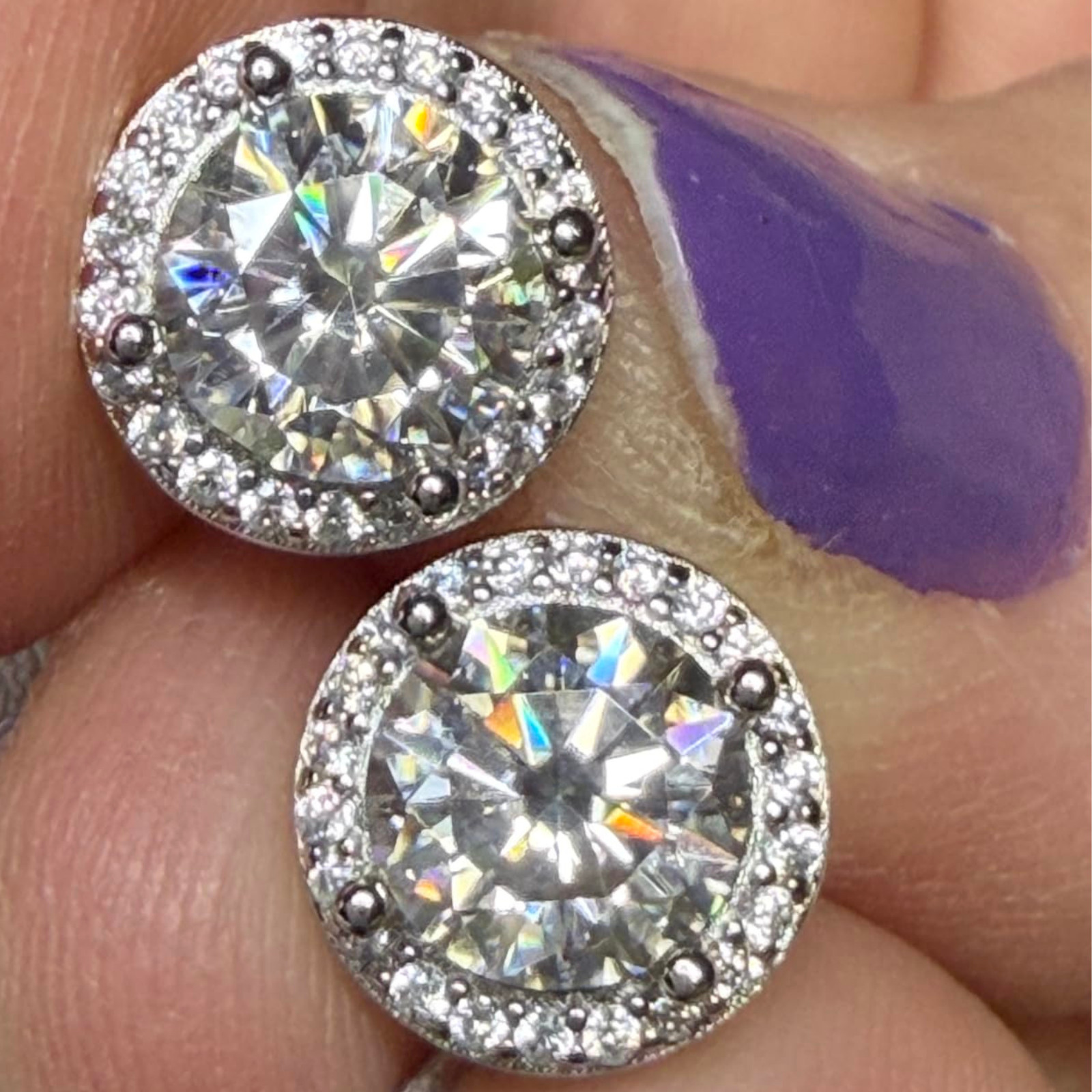 2 Pair GRA Certified VVS1 Round Halo Moissanite Stud Earrings White Gold