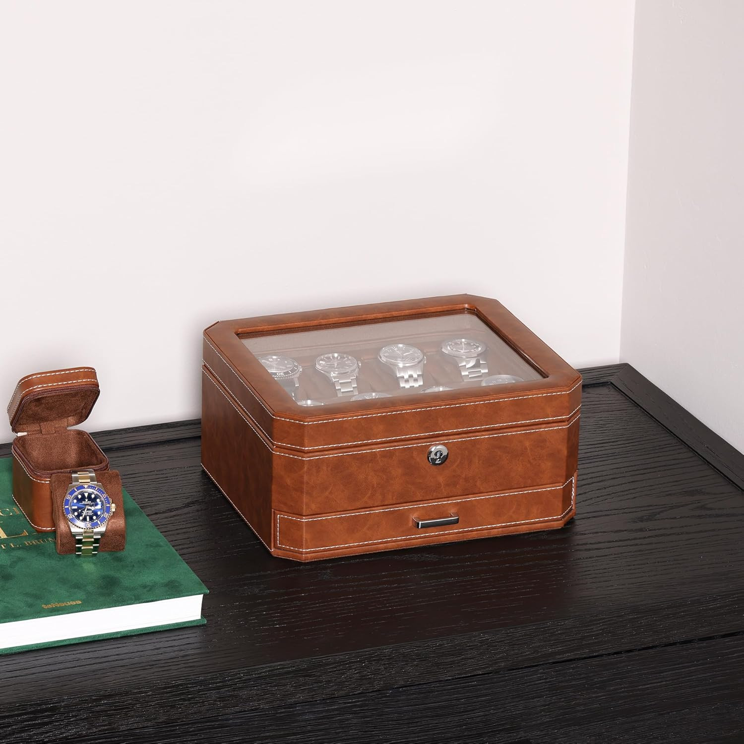8 Slot Leather Watch Box with Valet Drawer – Luxury Watch Case Display Jewelry O