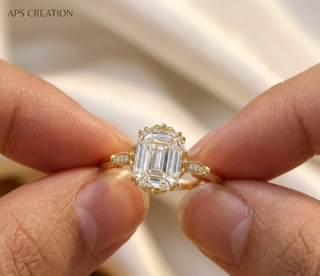 4Ct Asscher Cut Moissanite Engagement Ring 925 Sterling Silver 14K Vermeil