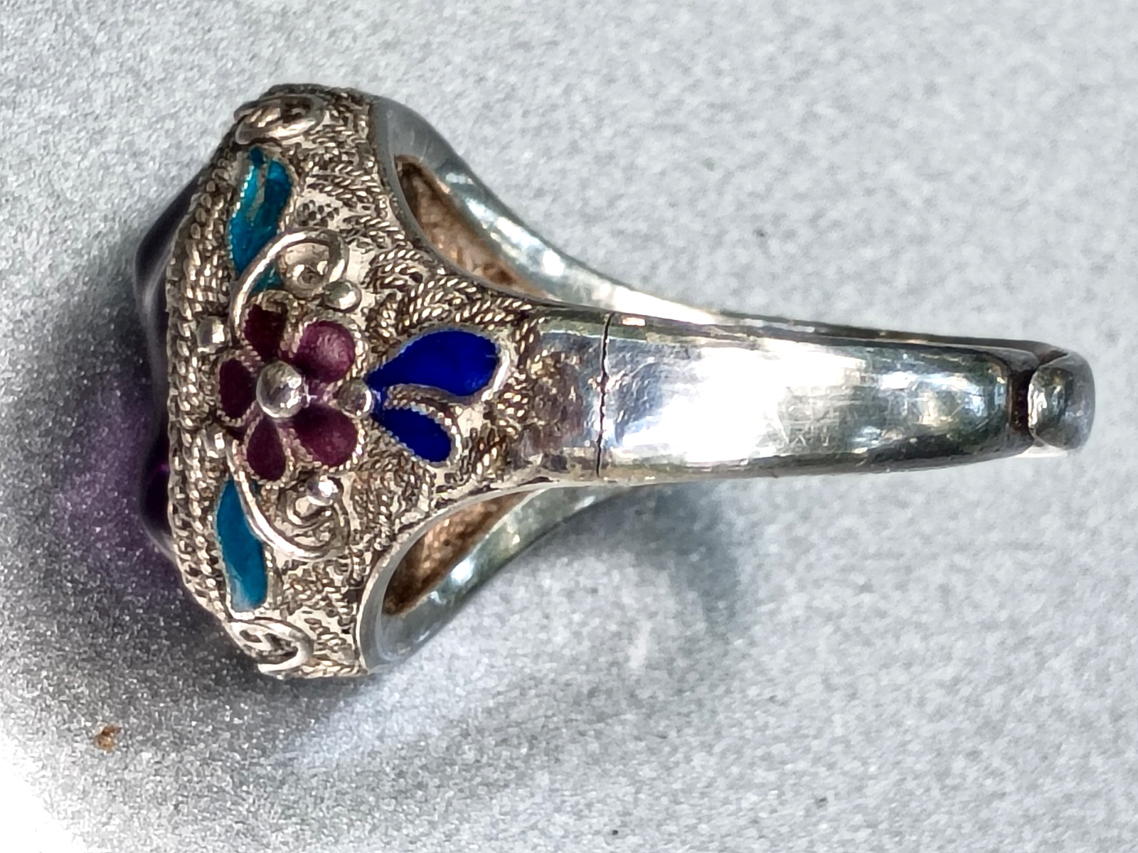 Antique Chinese Export Ring Large Amethyst Sterling Silver Filigree Cloisonné