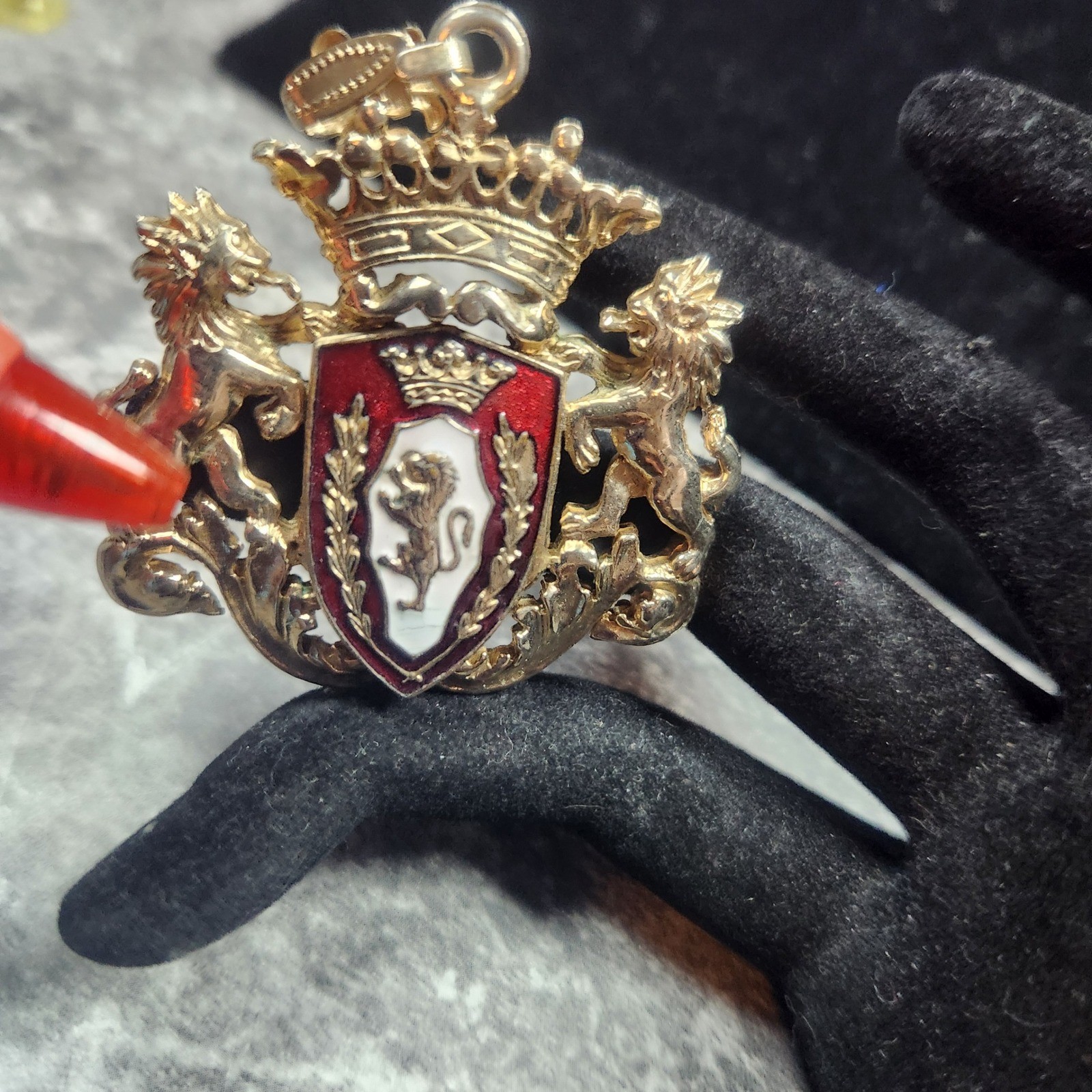 Vintage Heraldic Crest Lion Gold Tone Red White Enamel Coat of Arms Crown charm