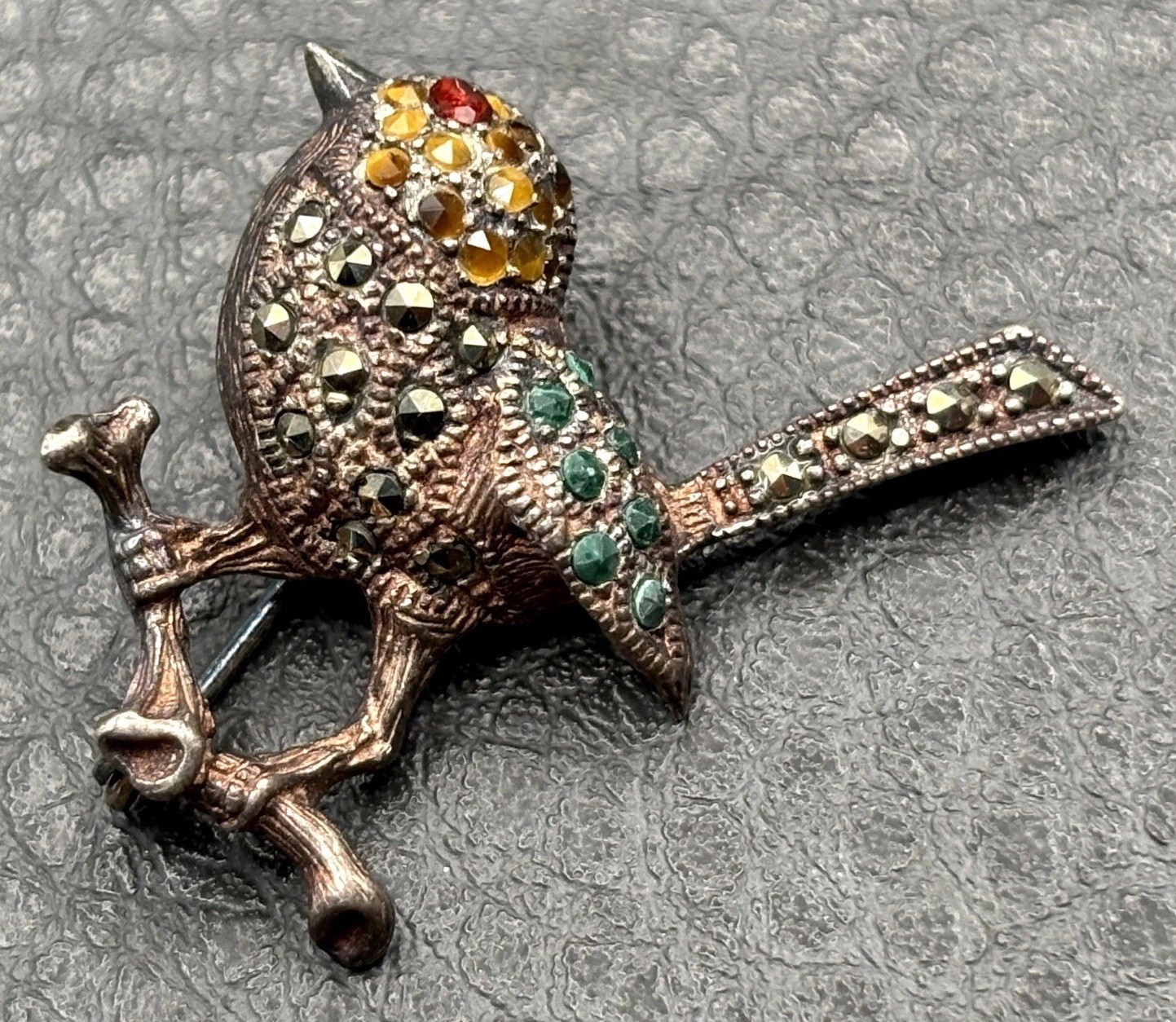 Vintage Sterling Silver 925 Bird Brooch Pin Marcasite Green Red Yellow Crystal