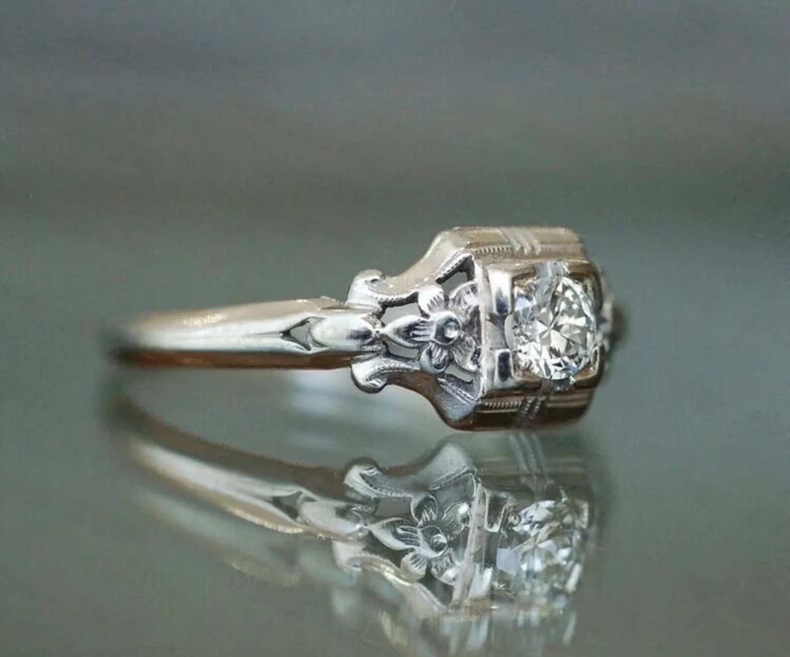 1/2 CT White Round Cut Simulated Diamond Antique Style Art Deco 925 Silver Ring