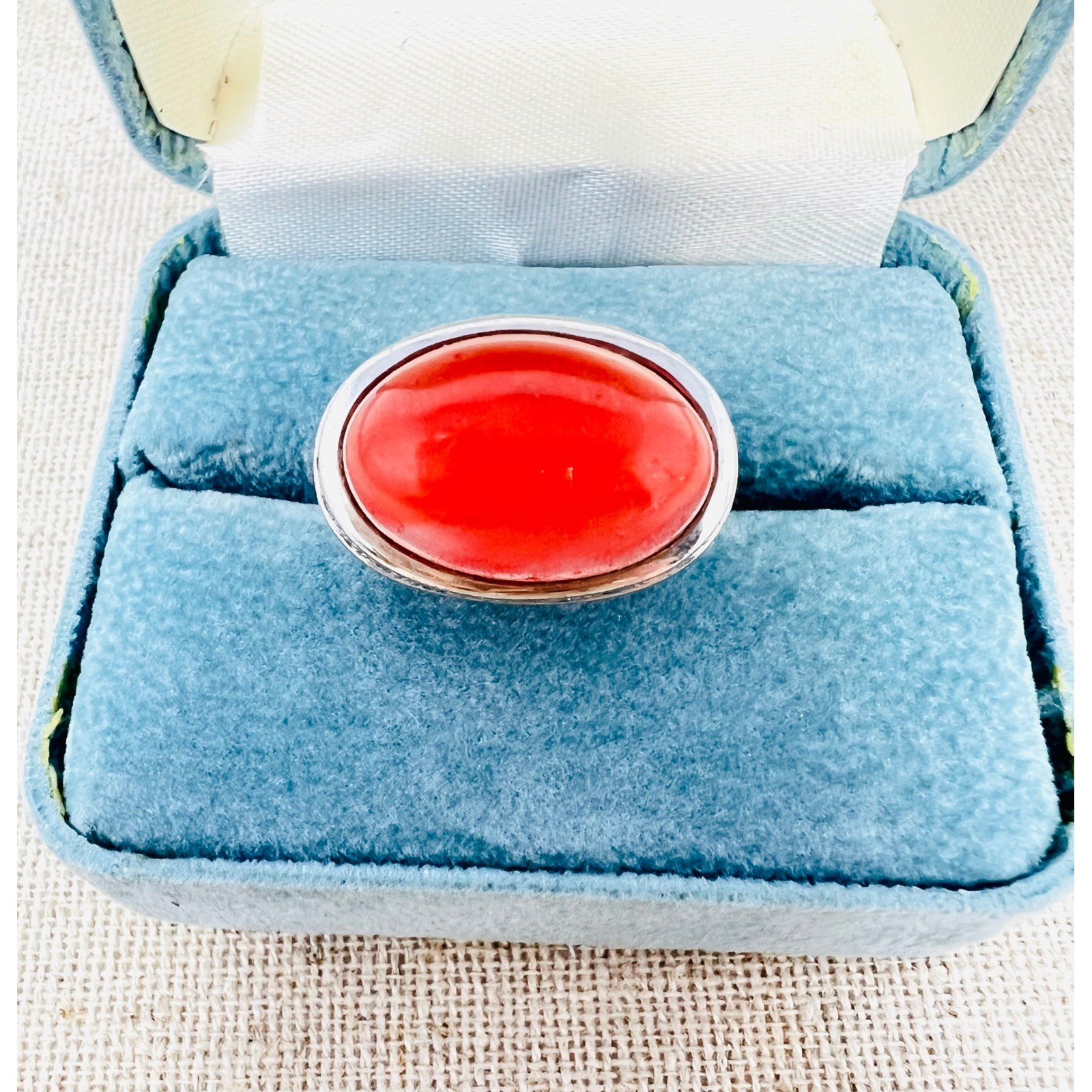 Sterling Silver Coral Colored Cabochon Crystal Halo Statement Ring Size 8