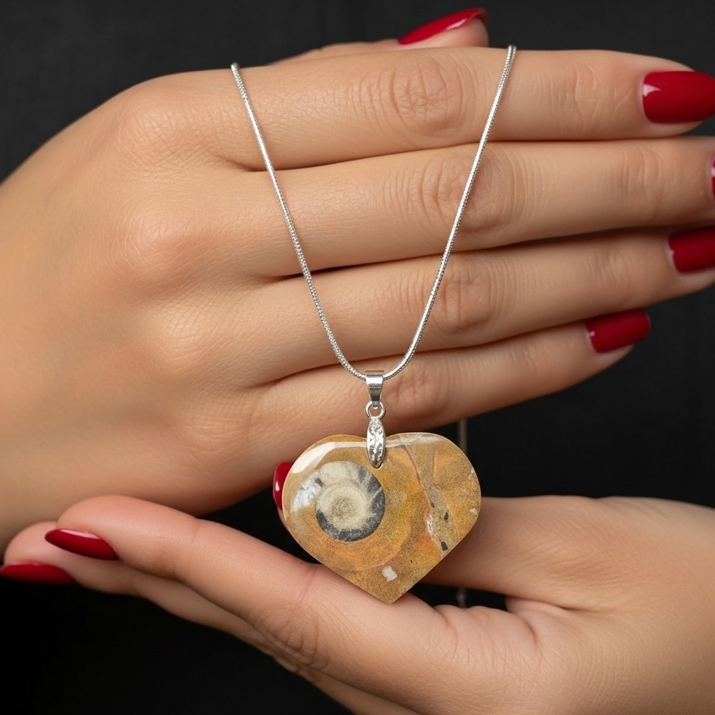 Genuine Moroccan Ammonite Fossil Heart Pendant Necklace from morocco