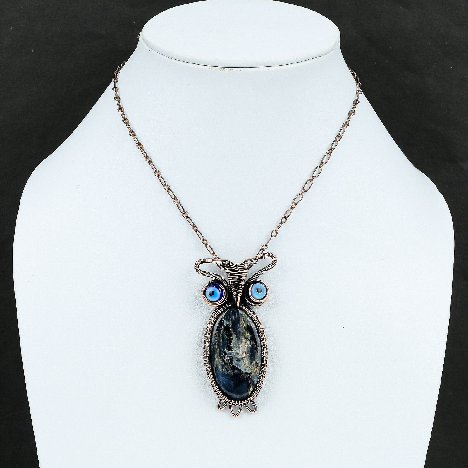 Pietersite Wire Wrapped Owl Pendant Handcrafted Copper Dailywear 2.83″