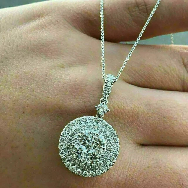 Brilliant 2.00Ct Round Simulated Diamond Cluster Pendant 14K White Gold Plated