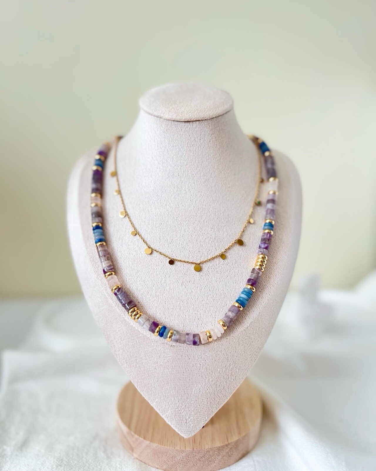 Layered Jade Necklace Set, Purple/Blue/White Beads, 18K Gold Plated, Handmade