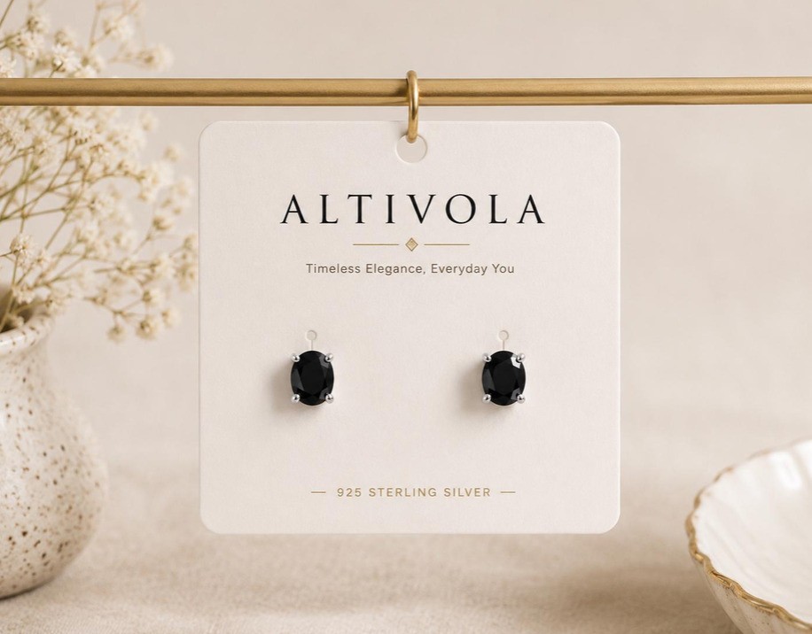 Black Onyx Stud Earrings Silver Oval Gemstone Minimalist Jewelry Gift for her