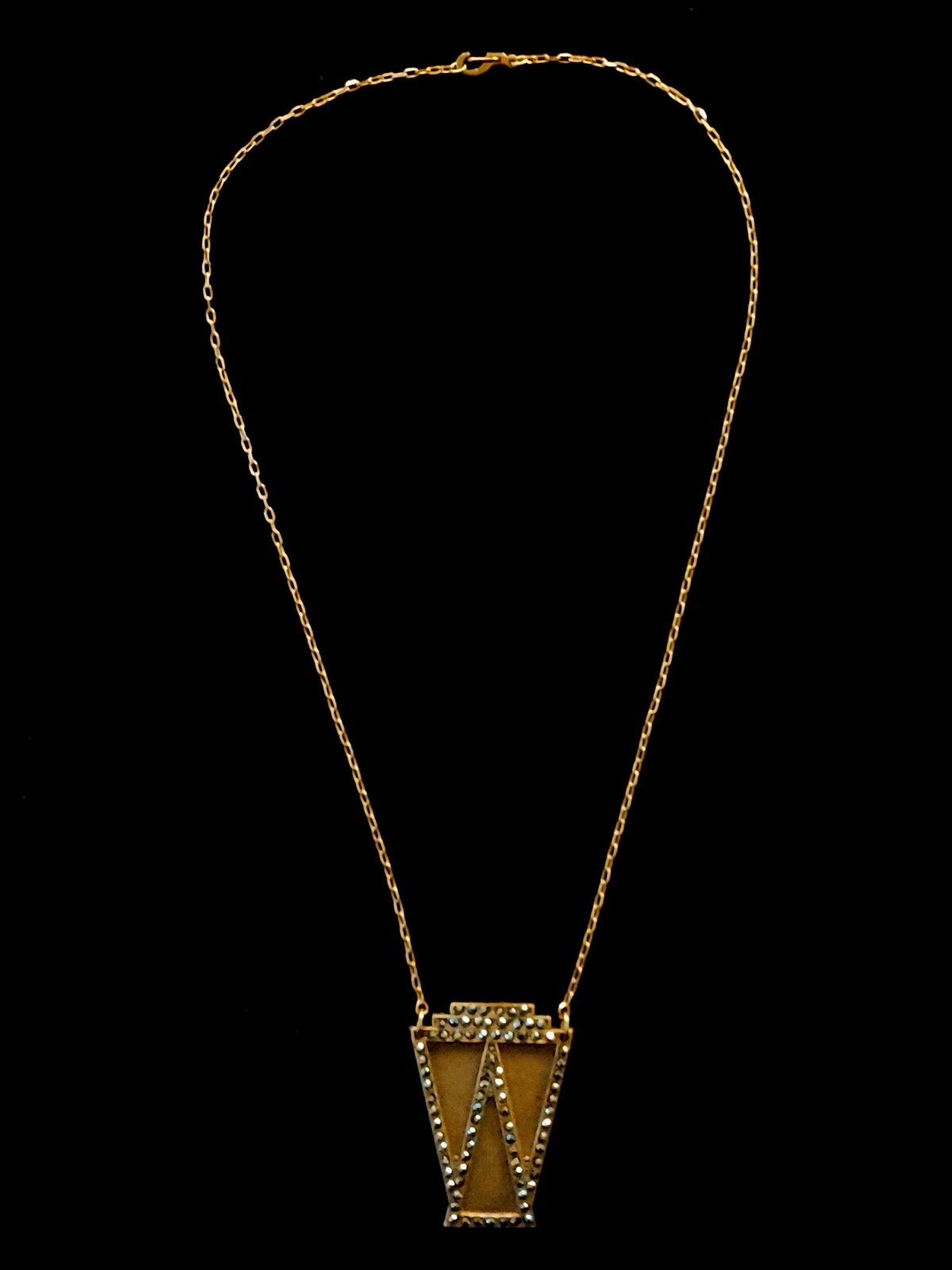 Vintage 1930s Art Deco Rhinestone Die Struck Pendant Necklace Authentic