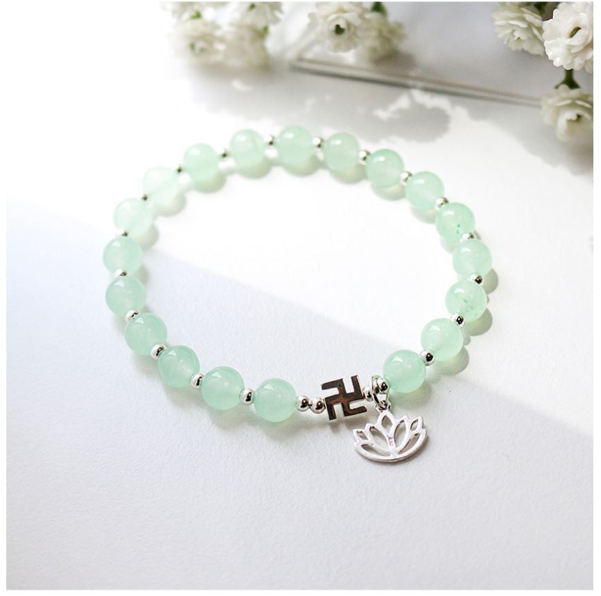 Natural White Jade Bracelet 6mm Mint Lotus Manji 925 Silver Zen Meditation Beads