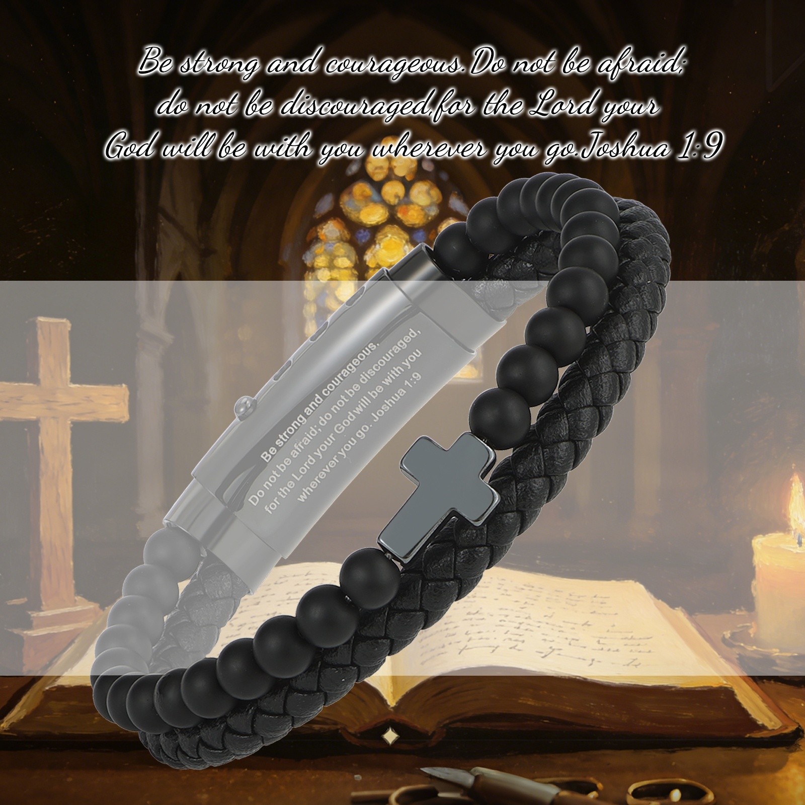 Men’s Inspirational Bible Verse Cross PU Leather Bracelet Braided Christian Cuff