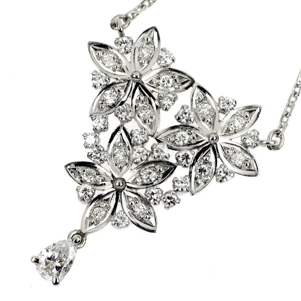Pt900 Pear Shape Diamond Pendant Necklace 0.30ct D0.57ct Flower – Auth free ship