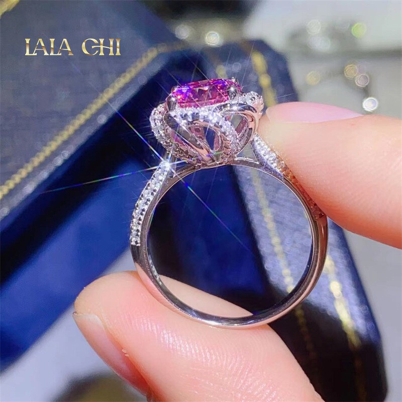 Round Pink Moissanite Women Ring Band 1CT 2CT VVS1/D Real 925 Silver Pass Tester