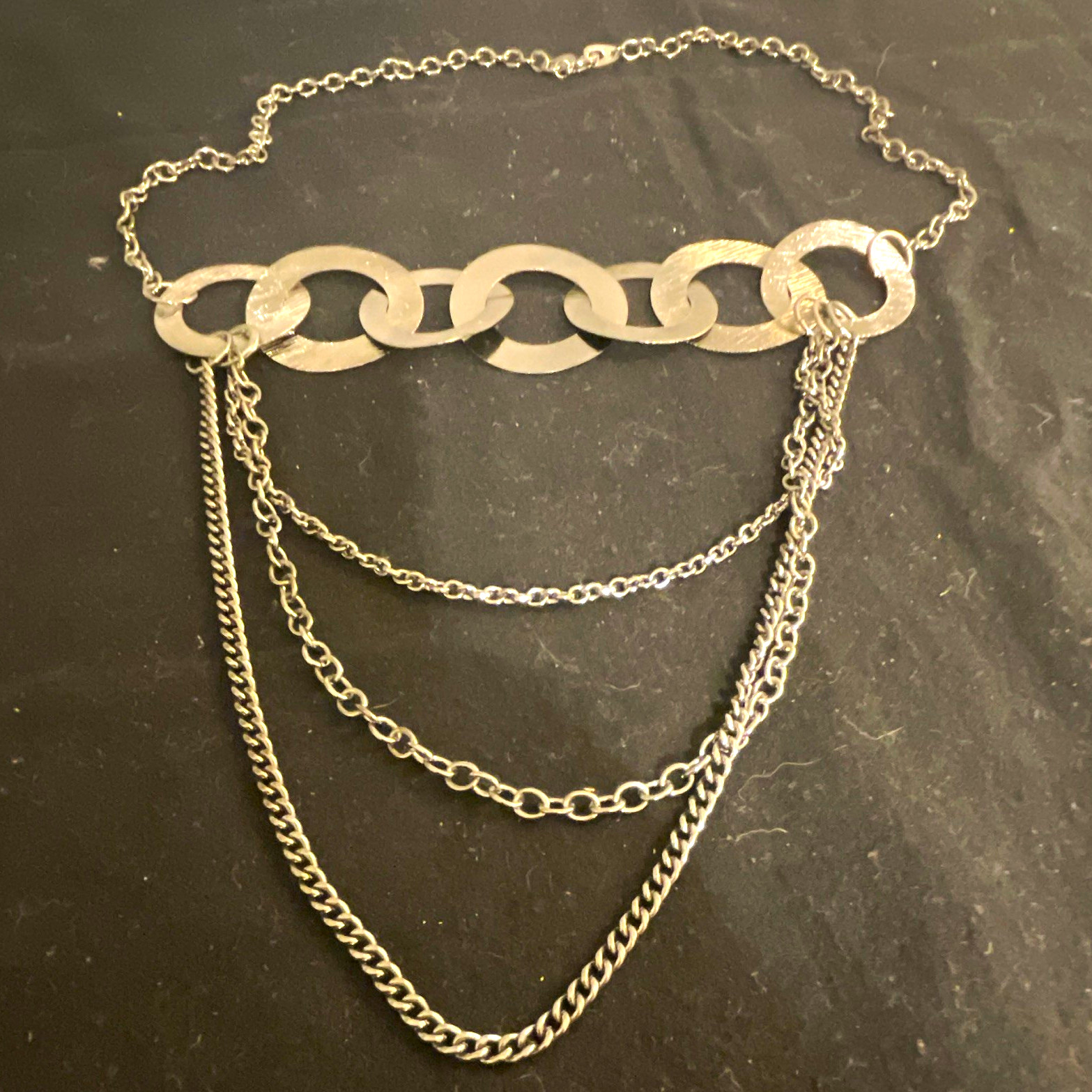 Silver Tone Layered Multi Strand Curb Chain Necklace Large Circle Links