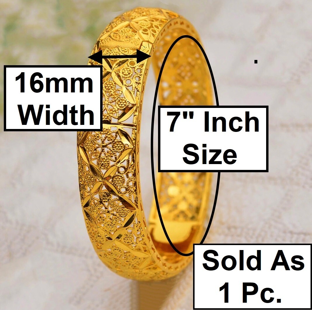 24k Yellow Gold Women’s 16mm Floral Small 7″ Opening Bracelet w Gift Pkg D793