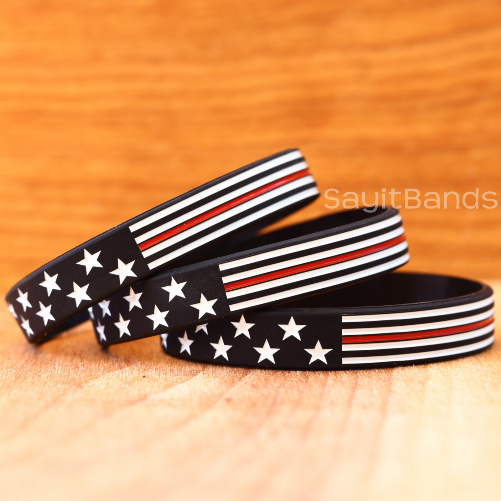 Two (2) FLAG Thin RED Line USA Wristbands Firefighter Support Bracelets 7″ 8″ 9″