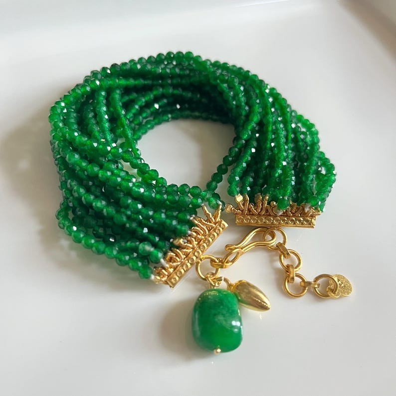 10 Layer Green onyx Faceted Round Gemstone Beads Handmade Unisex Bracelet 6-8”