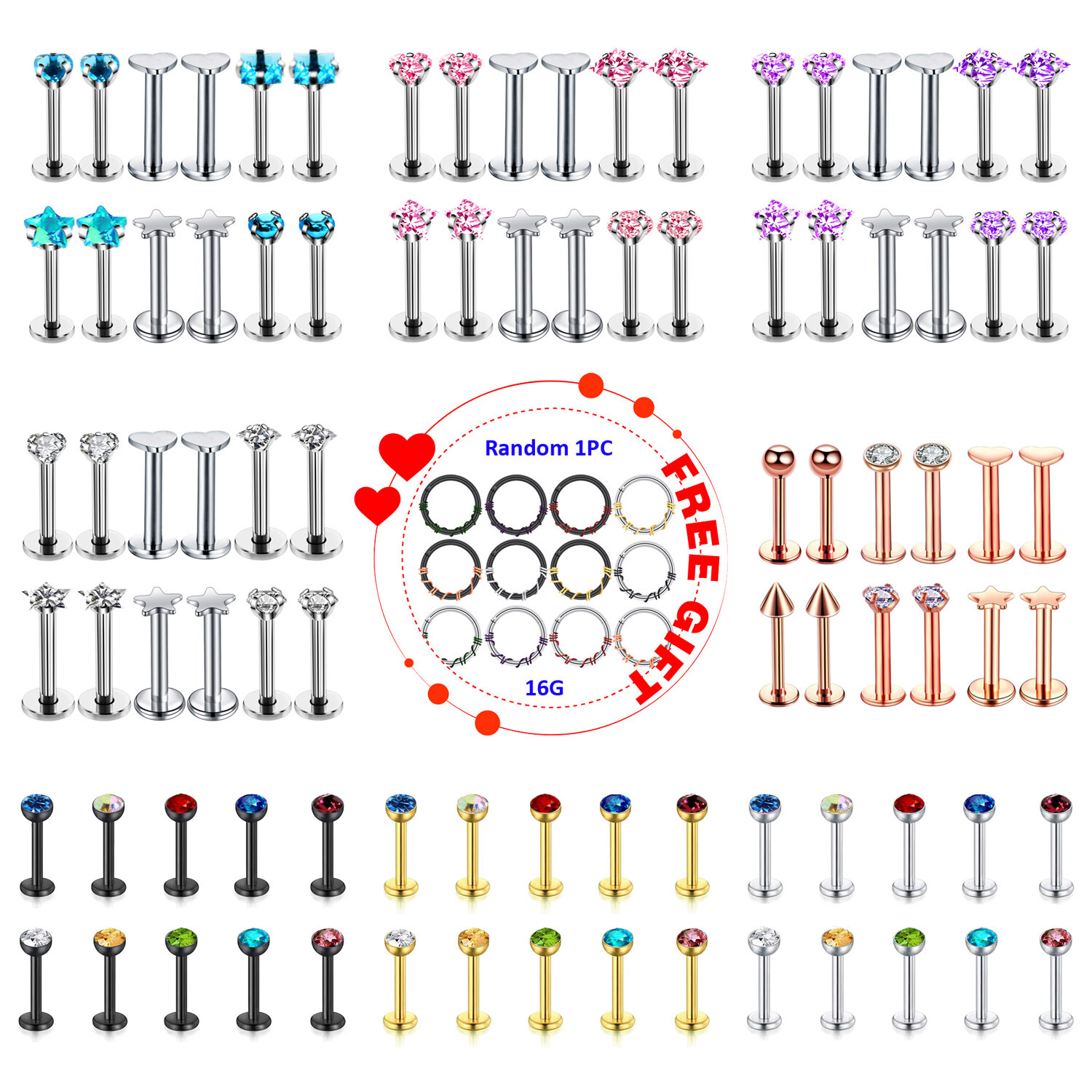 16g Gem Stainless Steel Labret Lip Monroe Tragus Rings Studs Piercing 10-12PCS