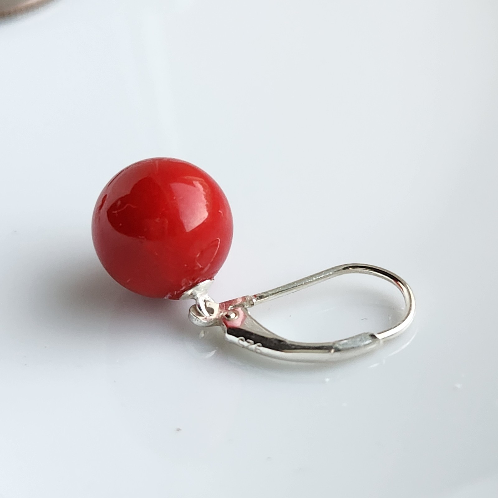 TEAR DROP Round 10.6mm Natural Coral LEVER BACK 1” EARRINGS 925 Silver
