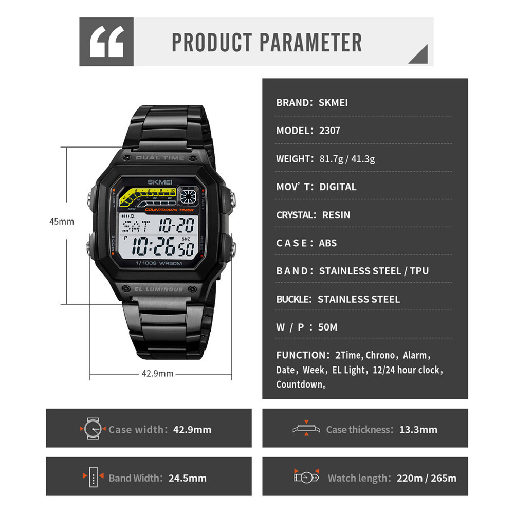 SKMEI Men Digital Watch Weekdate LED Wristwatch Male Steel Countdown Boy Watches