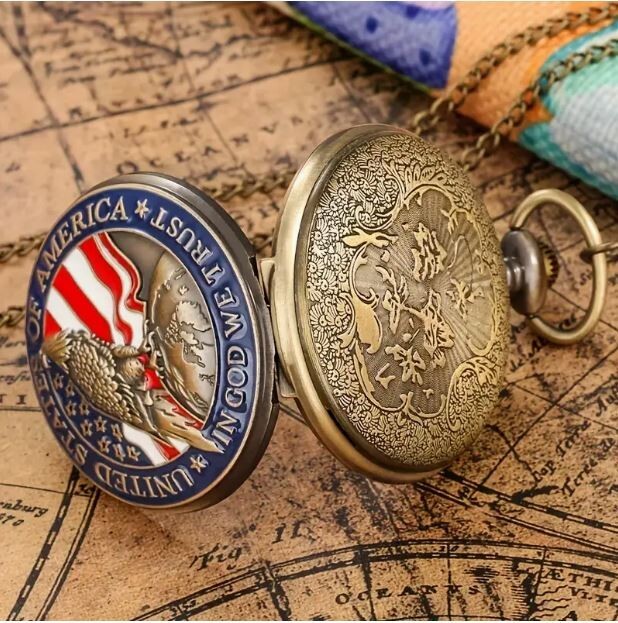 New Bronze Quartz Pocket Watch, Bald Eagle, USA, In God We Trust, Free Shipping