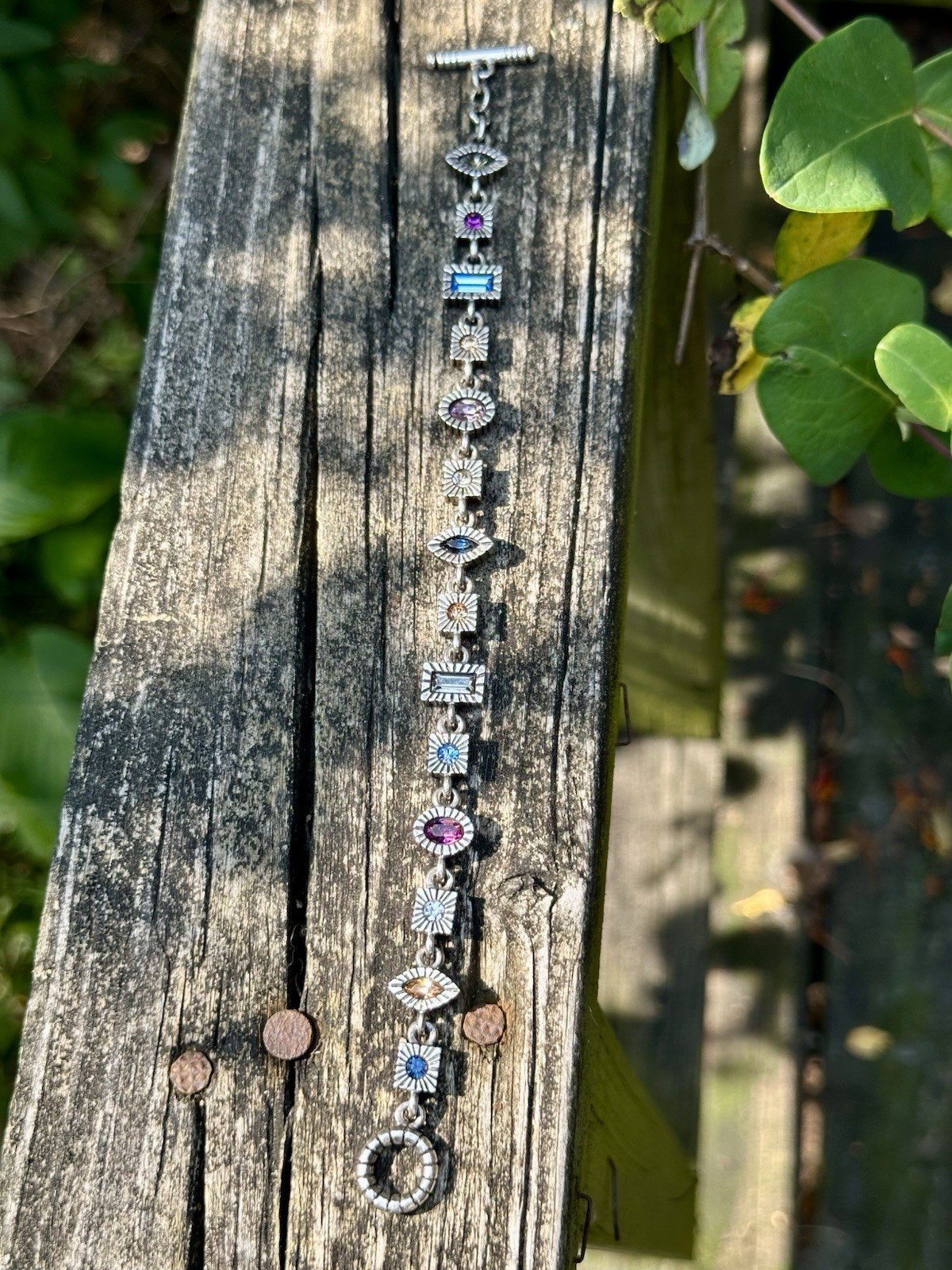 Patricia Locke Bracelet Silver Tone Multicolored Crystals Geometric Shapes 8”