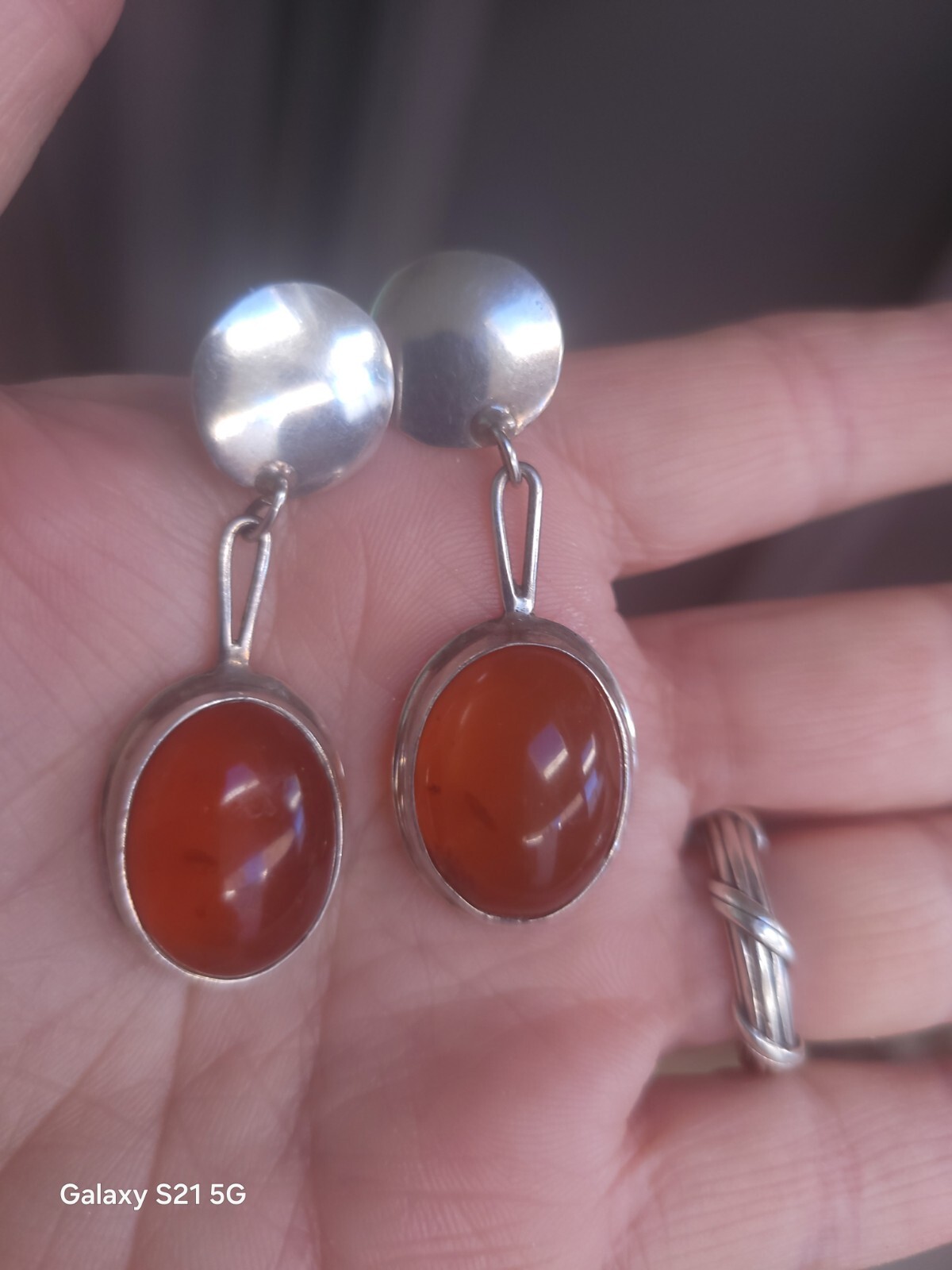 Susan Cummings 2″ Pierced Earrings Modern Silver & Amber McClure’s Nashville Tn