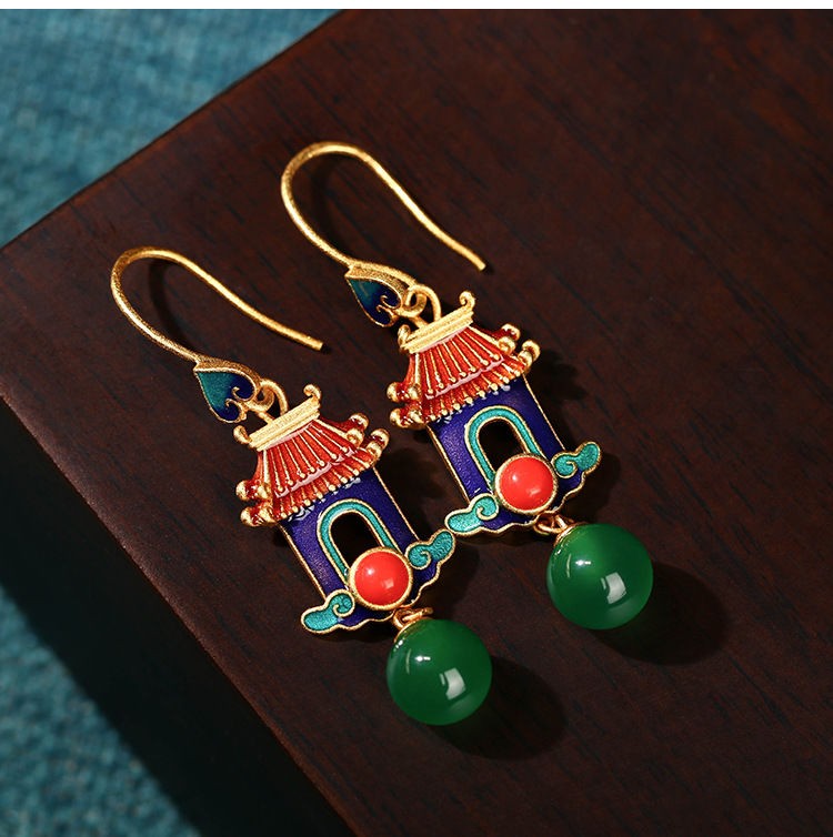 Chinese Enamel Gold Plated Earrings Palace Style Green Chalcedony Dangle
