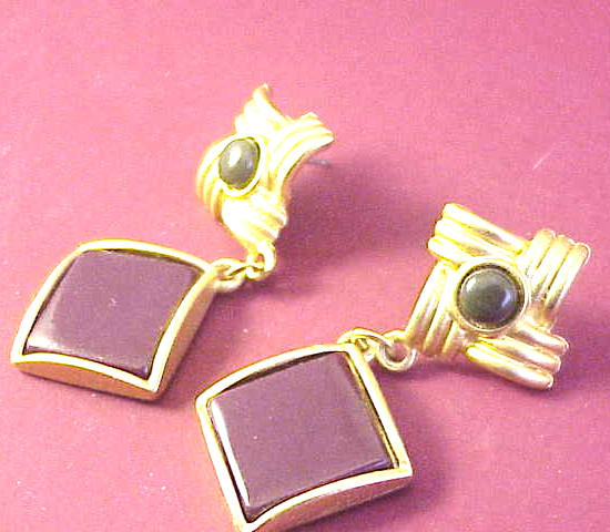 Vintage Pierced Earrings Gold Tone Maroonish Color Double Link Design No Caps