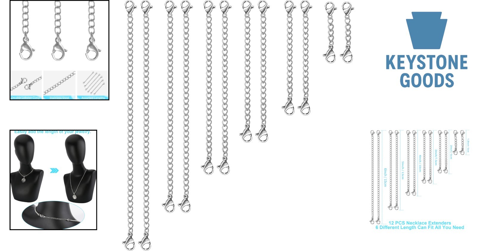 12-Piece Stainless Steel Necklace Extenders – Multiple Lengths, Silver