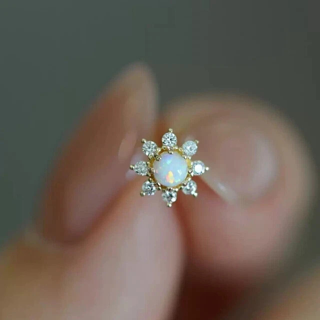 1Ct Round Cut Natural Fire Opal Women’s Pretty Flower Stud14K Yellow Gold Plated