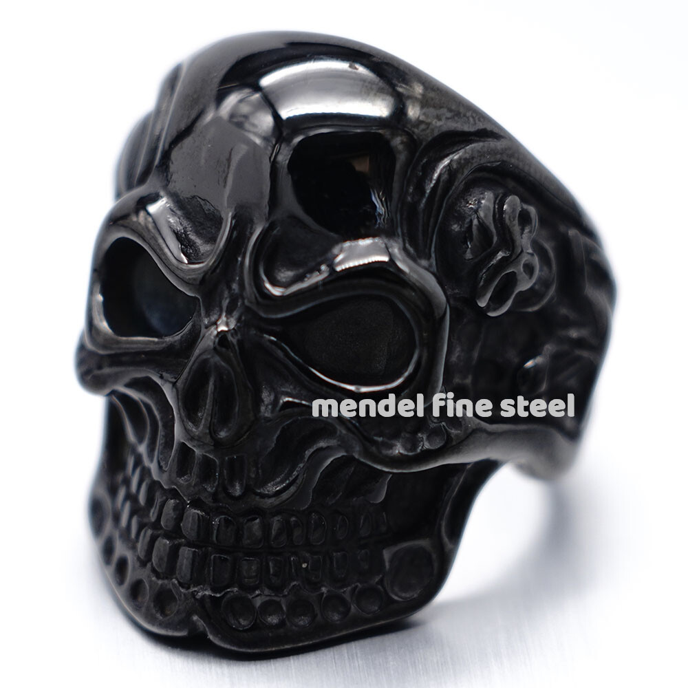 MENDEL Gold Plated Black Stainless Steel Mens Gothic Biker Skull Ring Size 7-15