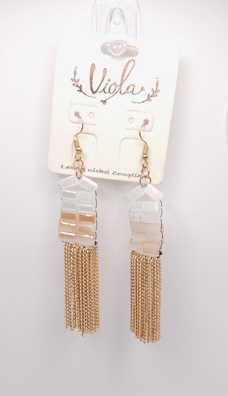 Viola Gold Tassel Dangle Earrings Iridescent Bead Boho Statement Chic