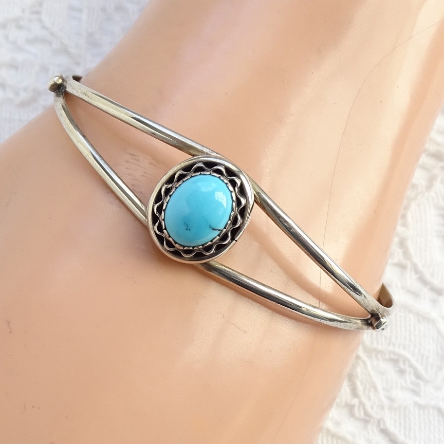 Vtg Southwestern Blue-ish Turquoise 925 Cuff Bracelet SMALL Size 5.5in Signed