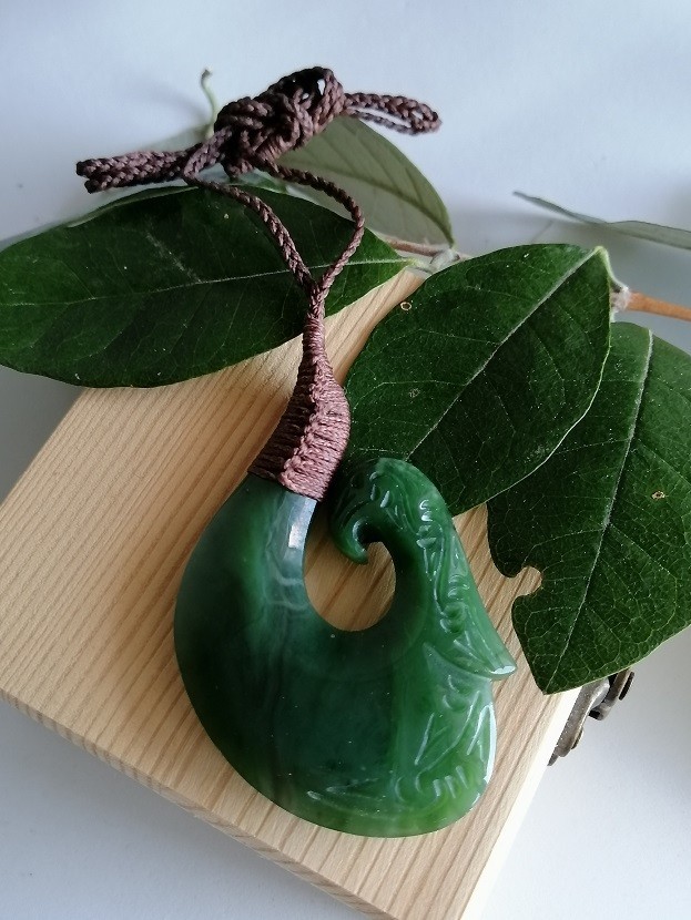 New Zealand Jade Greenstone Bound Fish Hook X Large pendant 70mm L x 45mm W